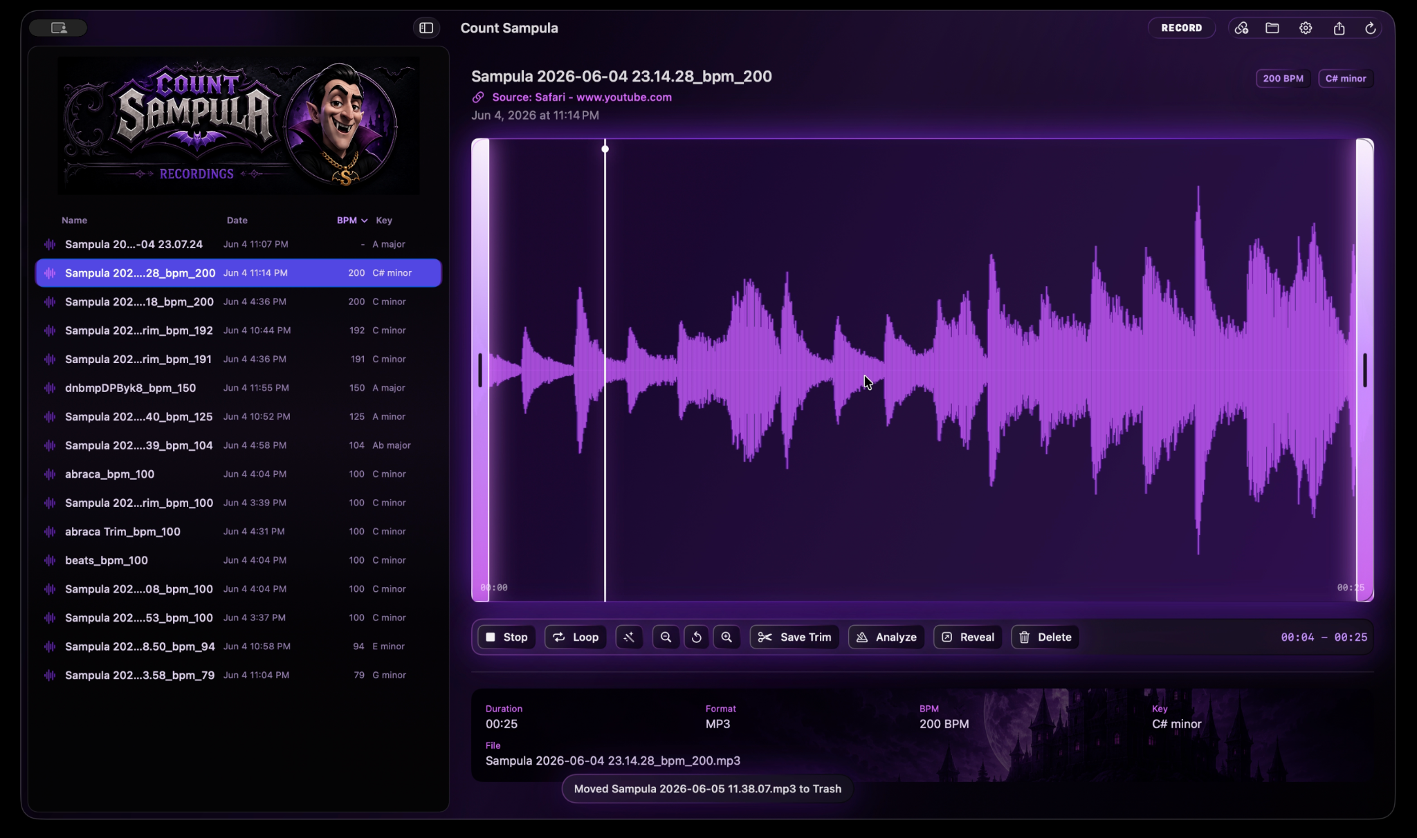 Count Sampula Mac app showing a sample library, waveform editor, BPM, and key detection.
